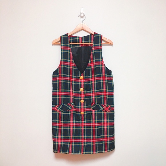 90s Black & Red Plaid Jumper Dress - Picture 2 of 4